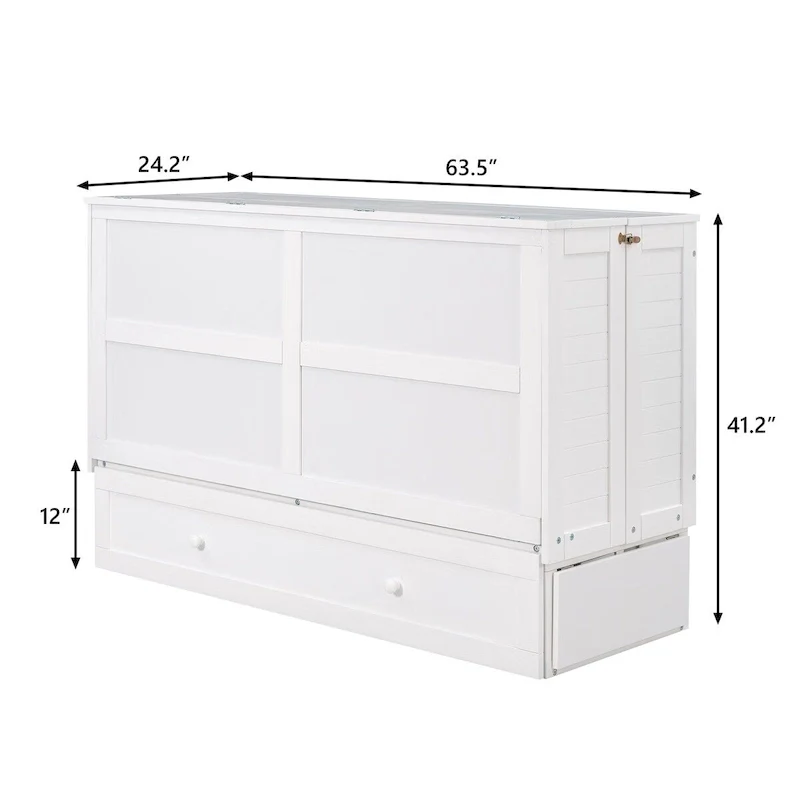 White Queen Wall Murphy Bed with Drawer & Side Shelves, 1-Person