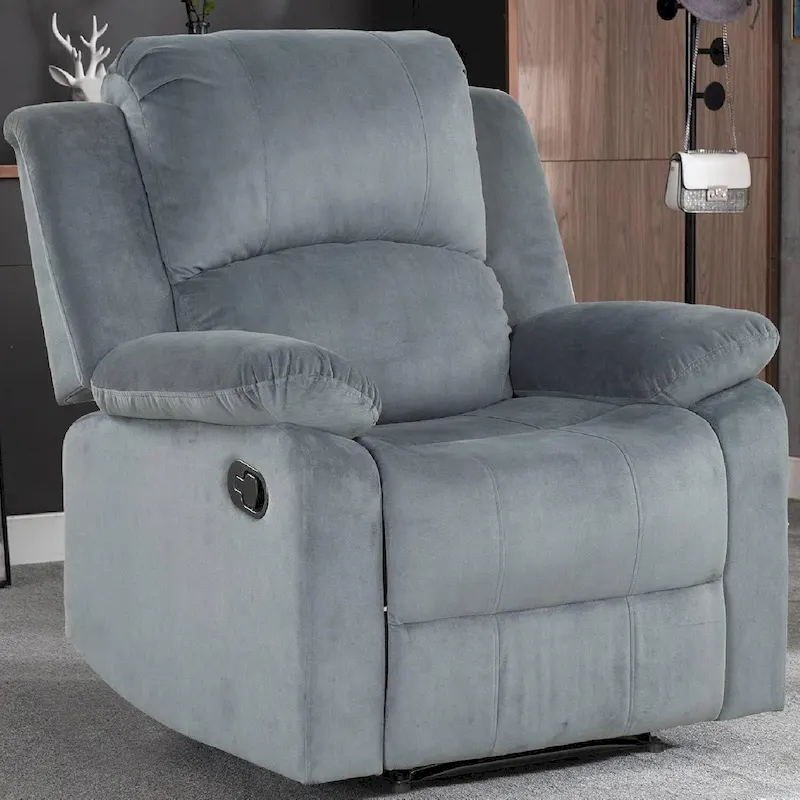 Overstuffed Short Plush Manual Recliner Chair with Side Handle – Smoke Grey / Light Grey / Brown, Modern Style, Single