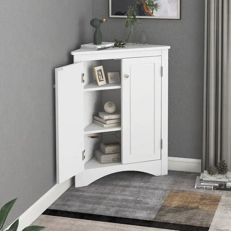 Corner Triangle Bathroom Storage Cabinet with Adjustable Shelves, Freestanding Floor Cabinet, Accent Cabinet for Living Room