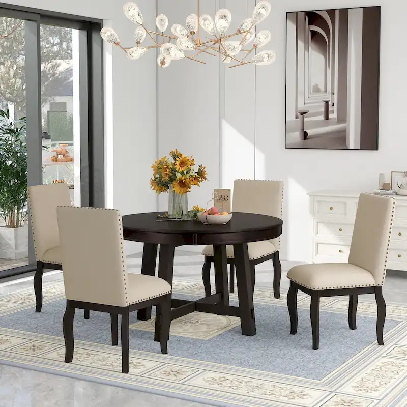 5-Piece Wooden Dining Table Set with Extendable Round Table & 4 Chairs