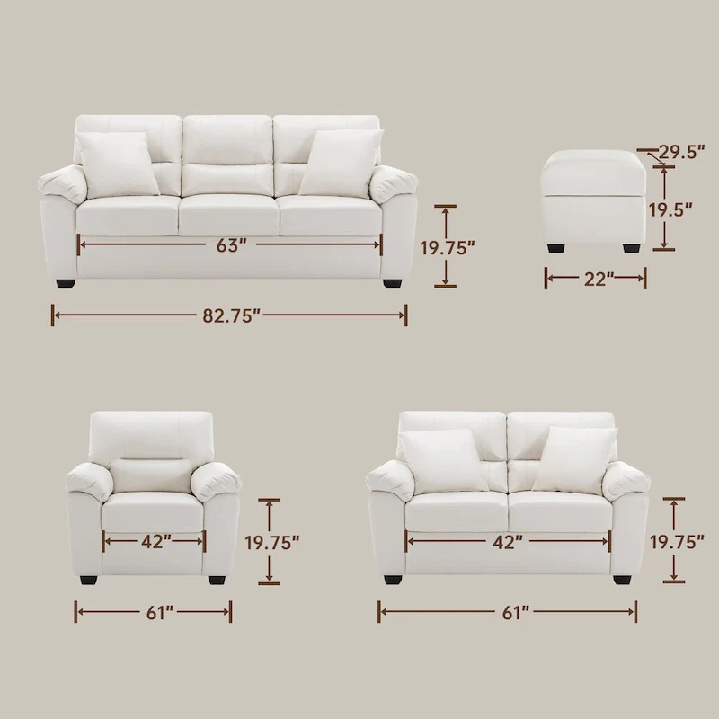 Upholstered Living Room Set, 4 Pieces - Faux Leather Chair, Loveseat, sofa with Ottoman