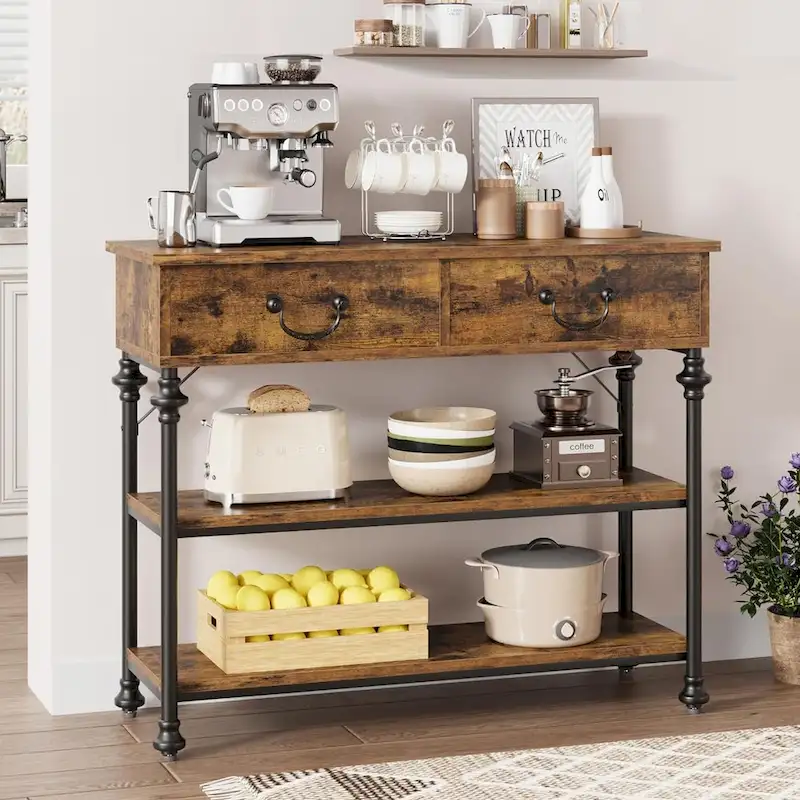 Narrow Console Table with 2 Drawers & Shelves, Grey/Brown, 1-2 Person