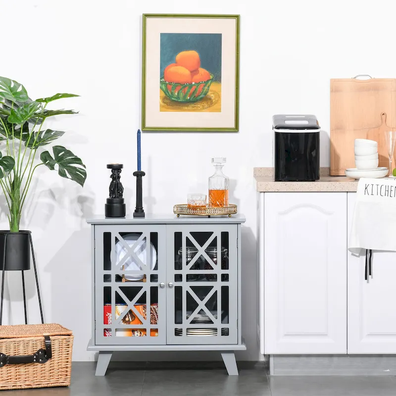 Accent Storage Cabinet Sideboard Buffet Console with Fretwork Doors, Grey