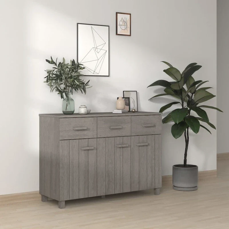 Solid Pine Sideboard with 3 Doors & 3 Drawers – Light Gray / White / Dark Gray, Seats 1