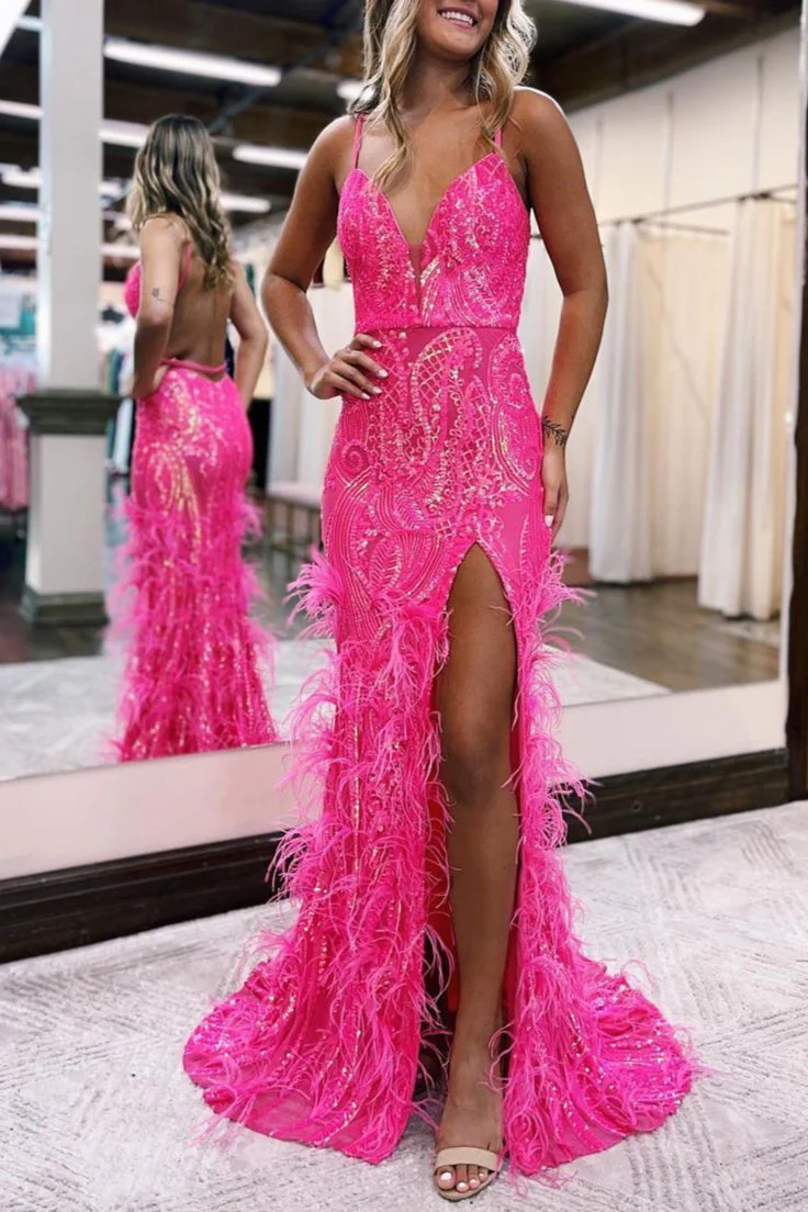 Jade Sequin Lace V Neck Mermaid Prom Dresses with Slit