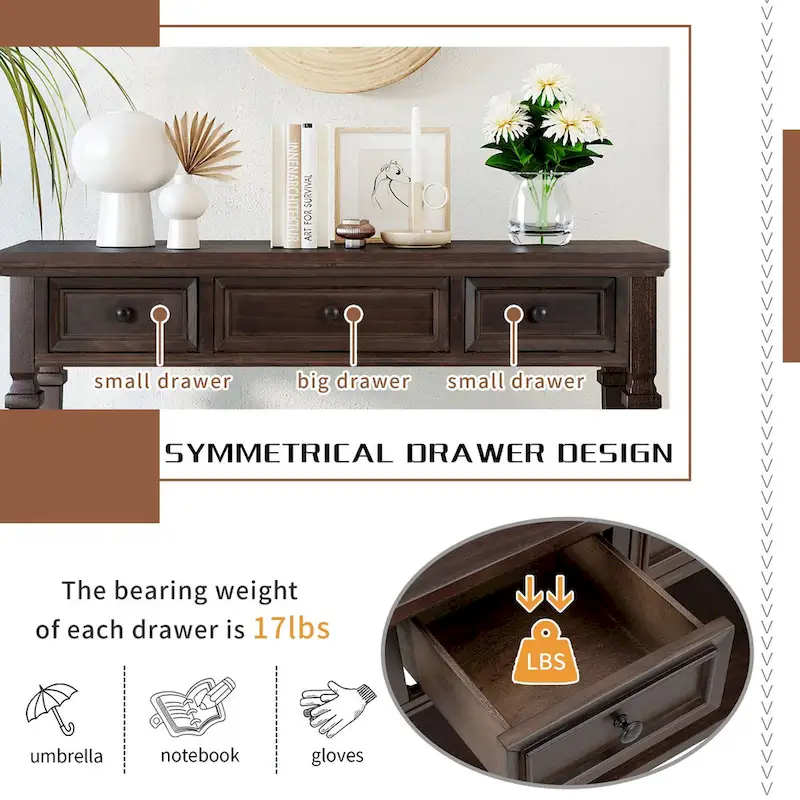 Retro Console Table with 3 Drawers and Bottom Shelf