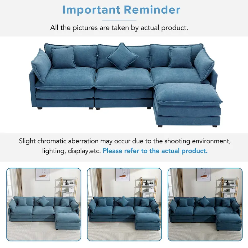 Blue 112.2 Modern L-Shaped 4-Seat Sofa with Removable Ottoman