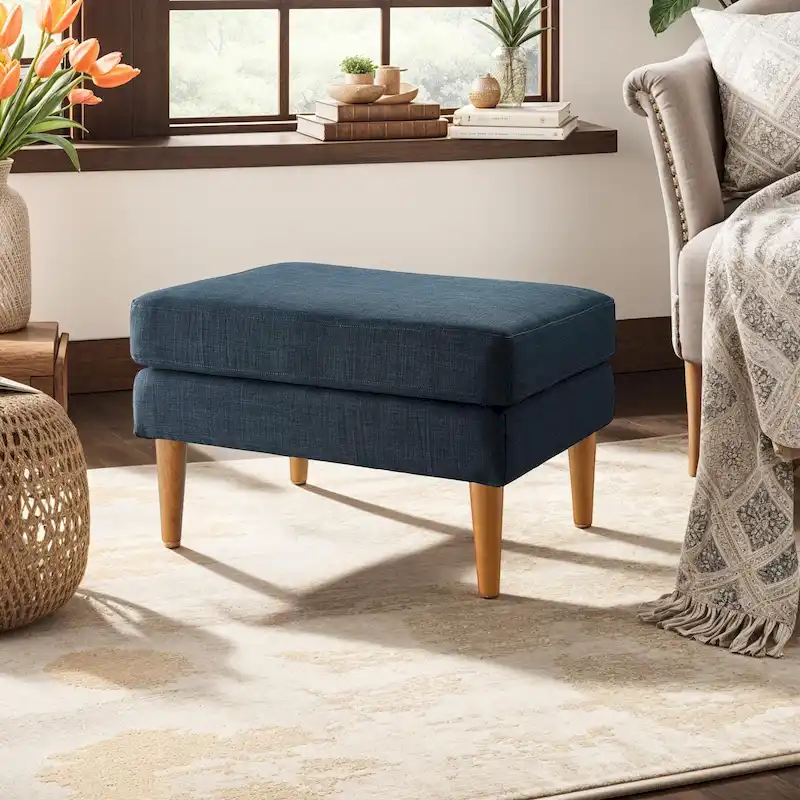 Dark Blue / Charcoal Gray Fabric Ottoman – Mid-Century Style, 1–2 Person Use
