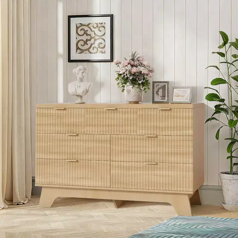 7-Drawer Mid Century Modern Fluted Dresser, Wooden Chest of Drawers, TV Stand, Storage Organizer for Bedroom Living Room Hallway Entryway, Oak