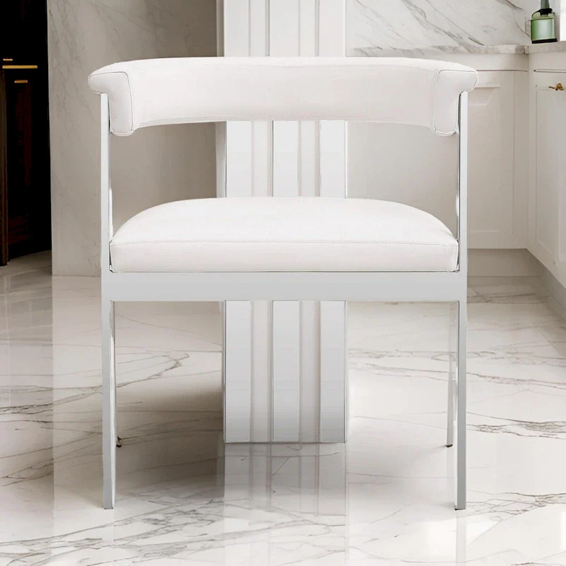 Cid Tayc 25 Inch Dining Chair, White Faux Leather, Stainless Steel Frame
