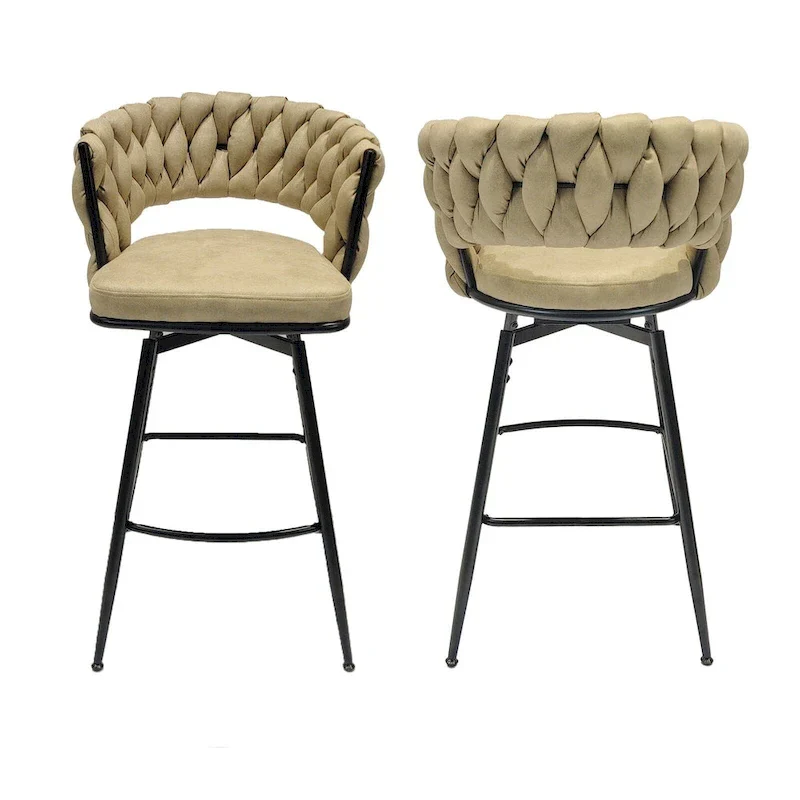 2 Woven Bar Stool,Black Legs No Adjustable Chairs,360 Swivel Upholstered Bar Chair Counter Stool Arm Chairs With Back Footrest