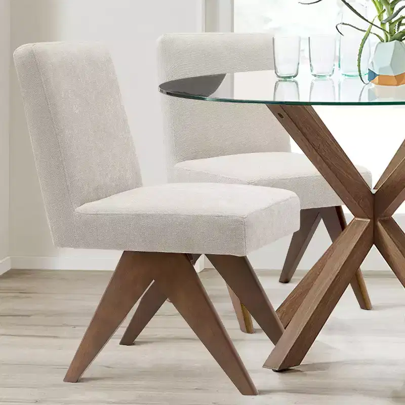 Upholstered Dining Chairs Set of 2, Mid-Century Modern Linen Armless Side Chair with Walnut Finish Solid Rubberwood V-Legs - Panipeachy
