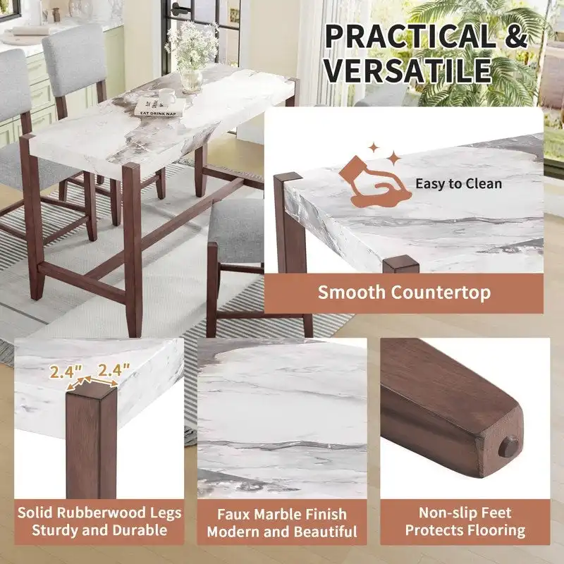 Modern 5-Piece Counter Height Dining Table Set, Faux Marble Bar Table and 4 Upholstered-Seat Chairs