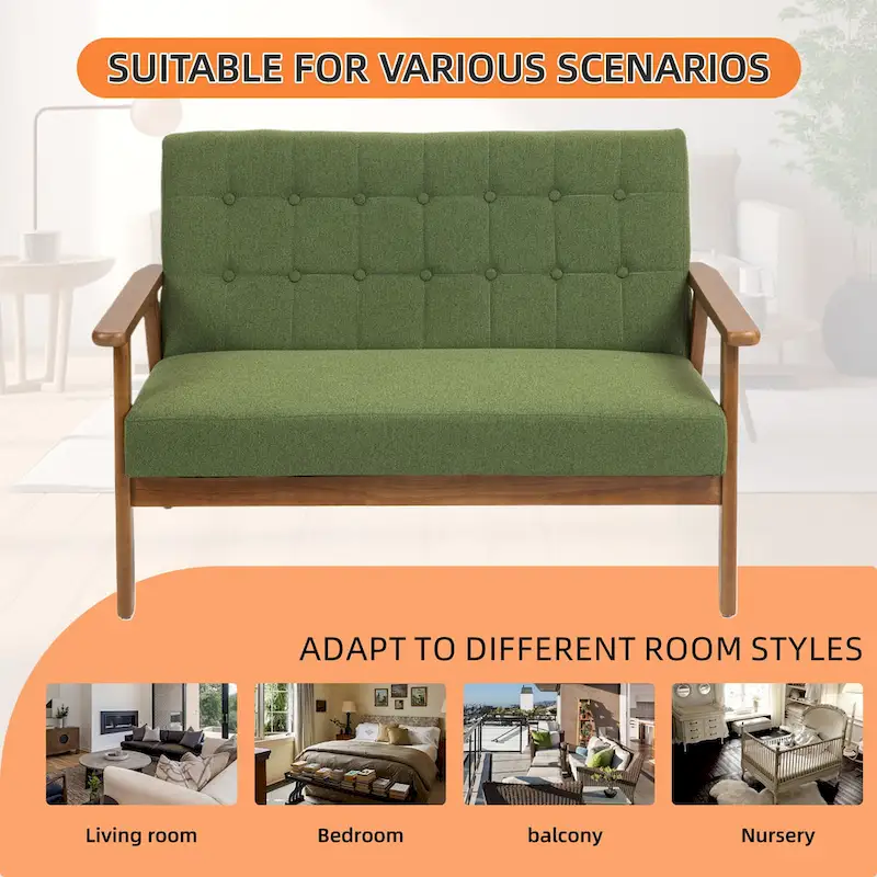 HOMEFUN Mid-Century Linen/PU Upholstered Wood Frame Tufted Loveseat Sofa