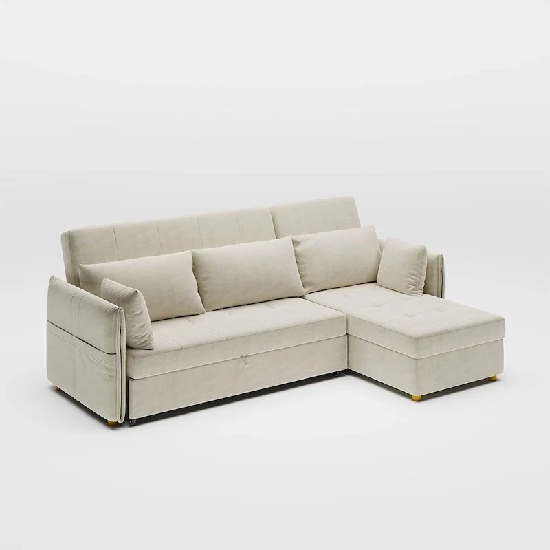 L-Shape Sofa Bed with Scratch-Resistant Fabric and Solid Wood Frame