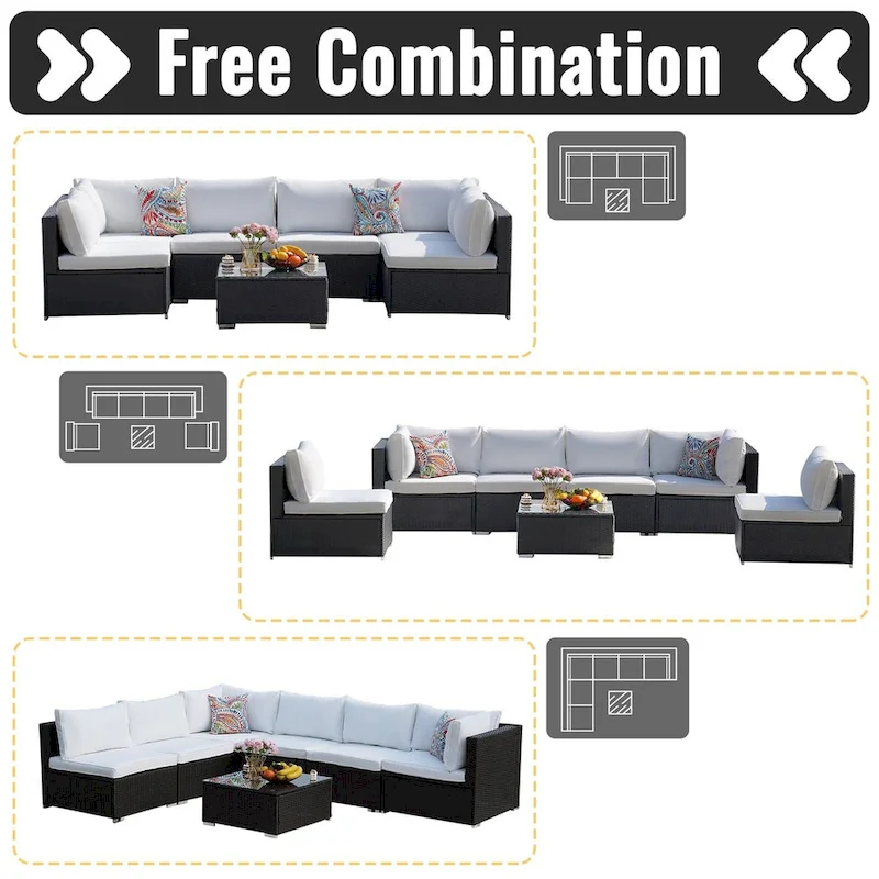 7-Piece Wicker Patio Conversation Set with Cushions and Glass Table