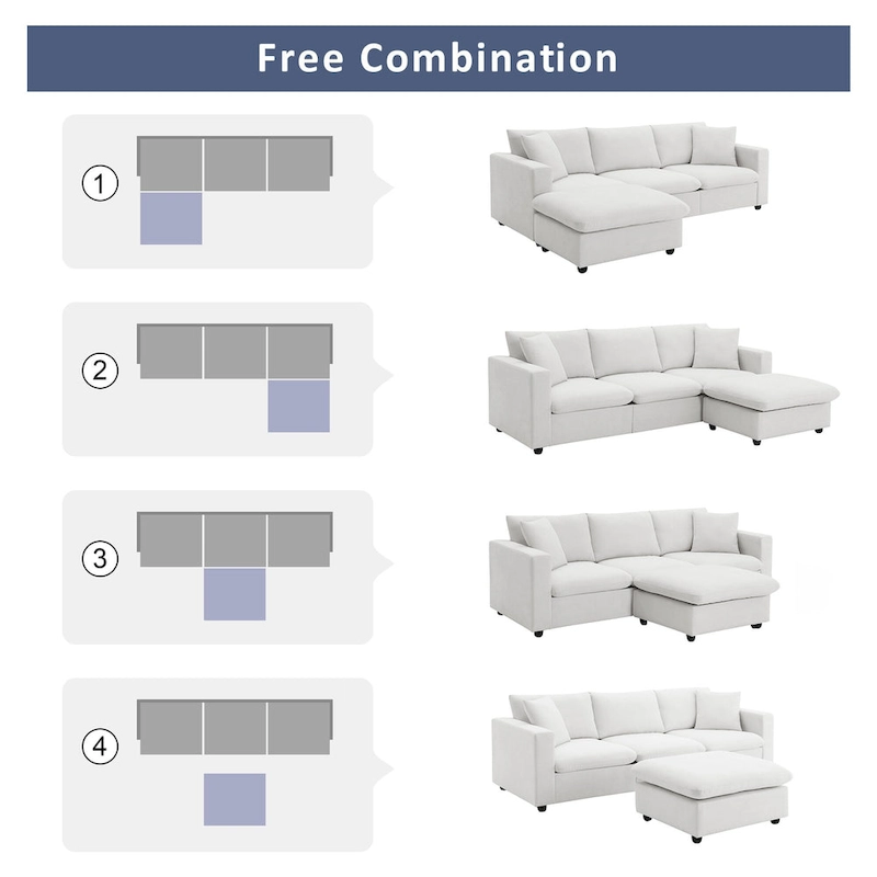 L-shaped Polyester Fabric Couch Set with 2 Free Pillows and Convertible Ottoman