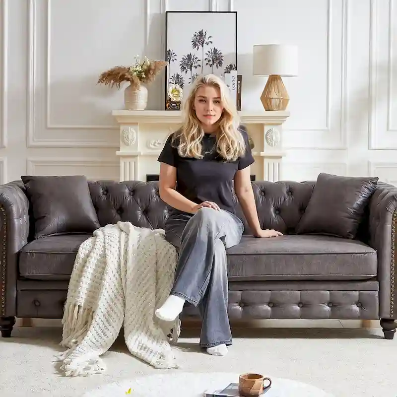 Gray Tufted Sofa with Rolled Arms - 3 Seater