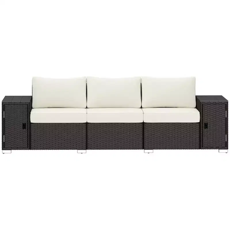 3 Seater Wicker Outdoor Couch Patio Sofa with Storage, Thickened Cushions and Wide Armrests for Porch Yard