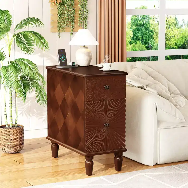 JVNOXK 24inch tall modern sofa side table featuring two spacious drawers and a generously sized tabletop, ideal for narrow living room side tables