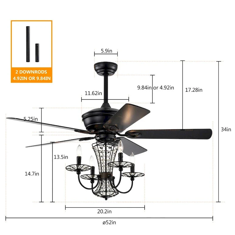 Chandelier Fan with Light and Remote,Dual Finish Reversible Blades