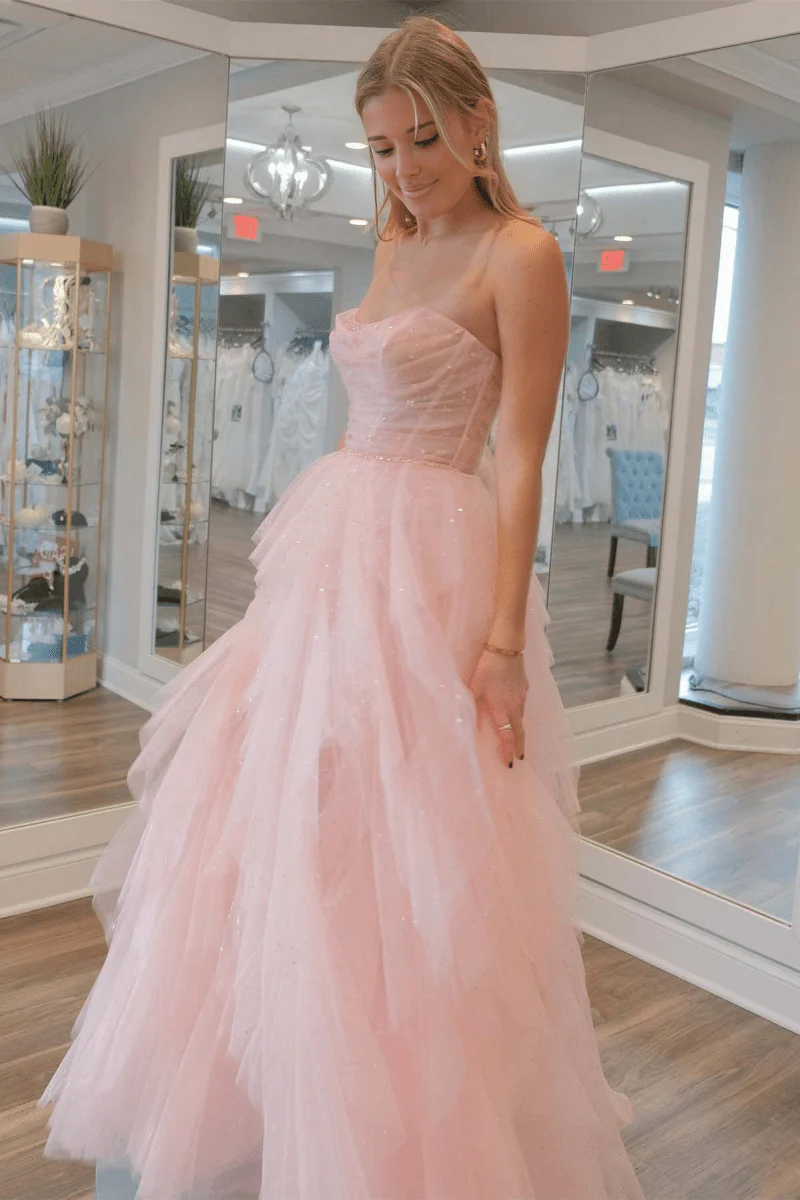 Strapless Blush Pink Sequin Beaded Ruffle Tulle Prom Dress