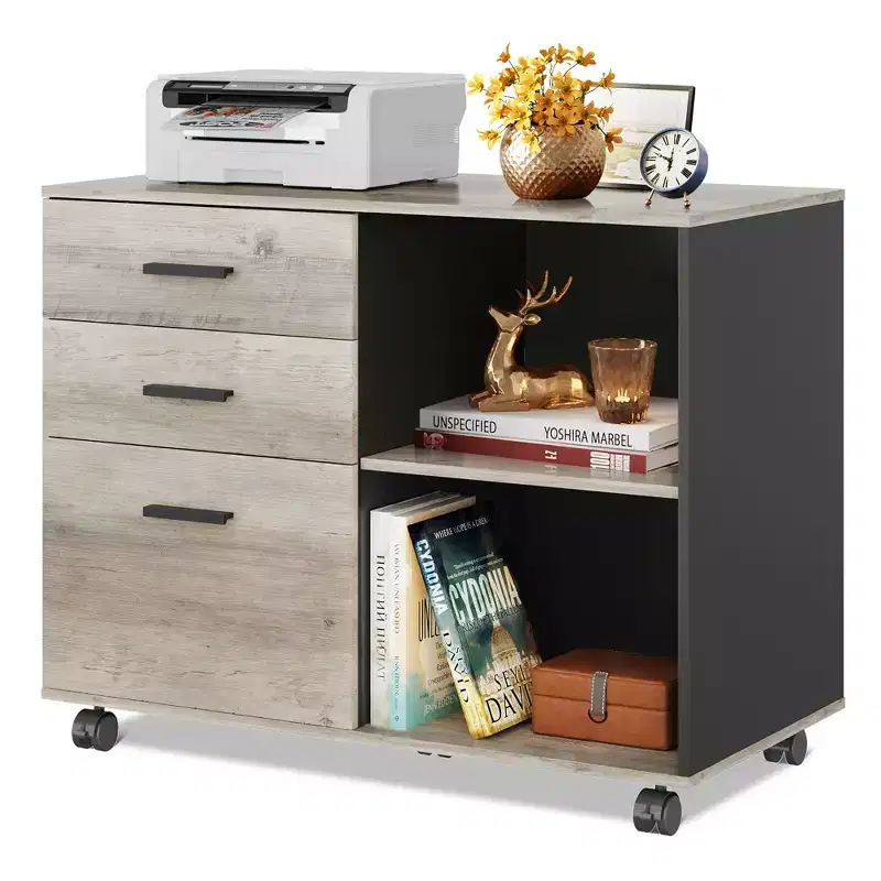 GALAXHERO 3-Drawer Wood Mobile File Cabinet, Lateral Filing Cabinet with Printer Stand and Open Storage Shelves for Home Office