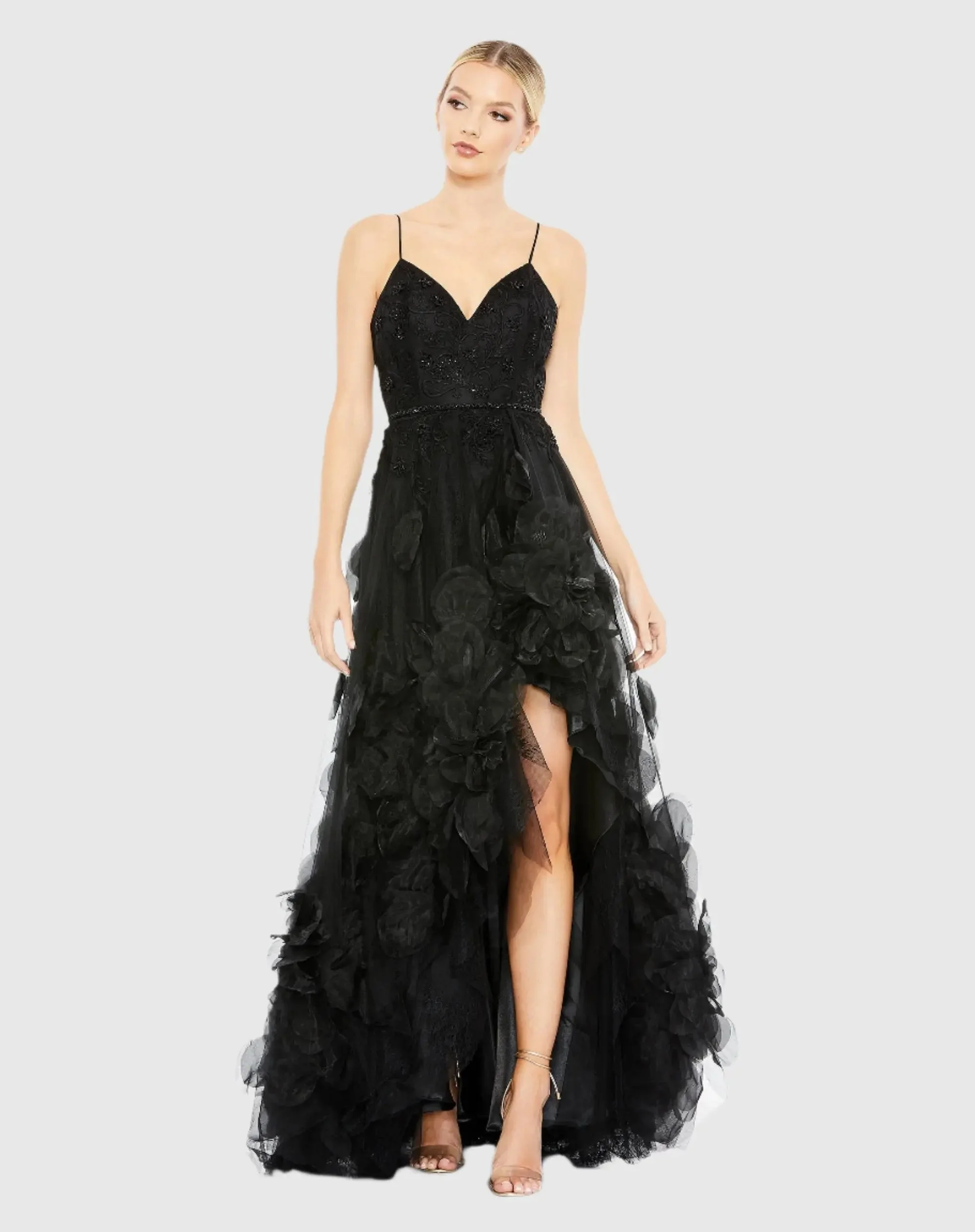 Black Embellished Floral High Low Sleeveless Gown