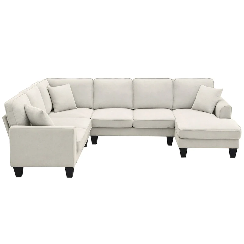 Modern U-Shaped 7-Seater Fabric Sectional Sofa Set with 3 Pillows, 108