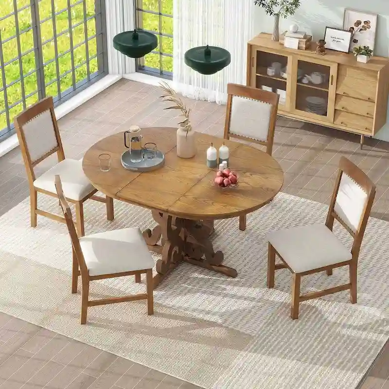 58  Traditional Extendable Dining Table Set with 4 Upholstered Chairs