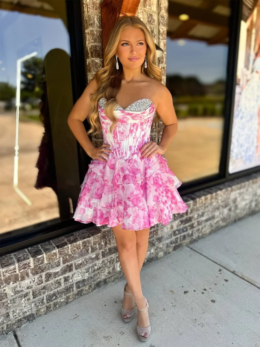 Pink - A Line Sweetheart Floral Chiffon Ruffles Homecoming Dress With Beading