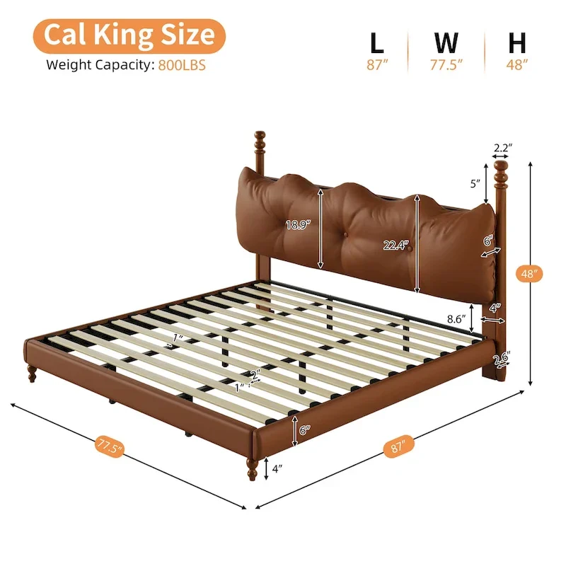 PU Leather Platform Bed with Button-Tufted Headboard & Wood Bedposts – Coffee, Queen / King / Cal King, Sleeps 2