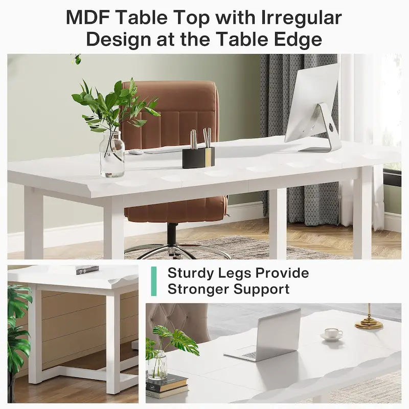 63 Inches Computer Desk, Rectangular Writing Table with Solid Wood Legs and Thickened Desktop