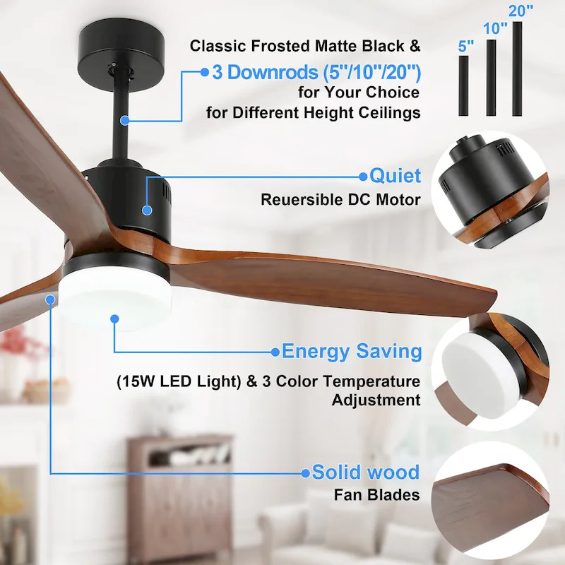 52  Farmhouse Solid Wood Ceiling Fan with Dimmable LED Light, 3-Speed Reversible Ceiling Fan with Remote