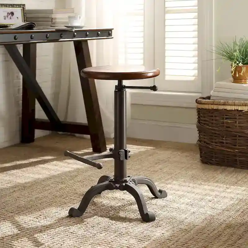Adjustable Height Stool - Wood Seat with Cast Iron Base (Chestnut)