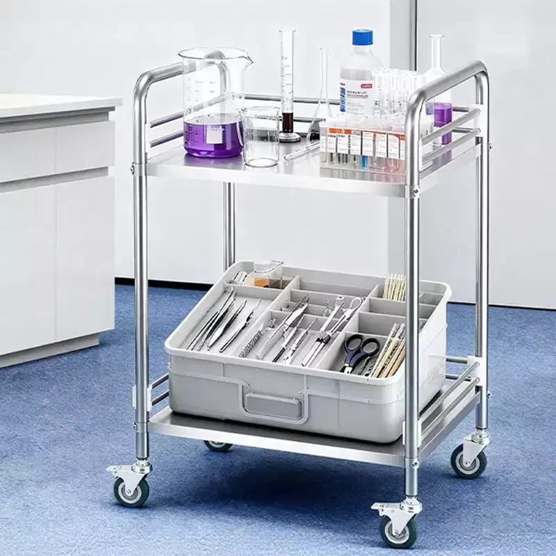 VEVOR Stainless Steel Cart, 2-Tier Rolling Lab Utility Cart with Lockable Wheels, Medical Serving Trolley Clinic Tray, Silver