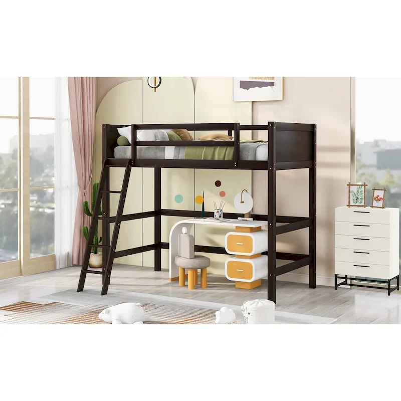 Espresso Twin Solid Wood Loft Bed with Ladder & Fence