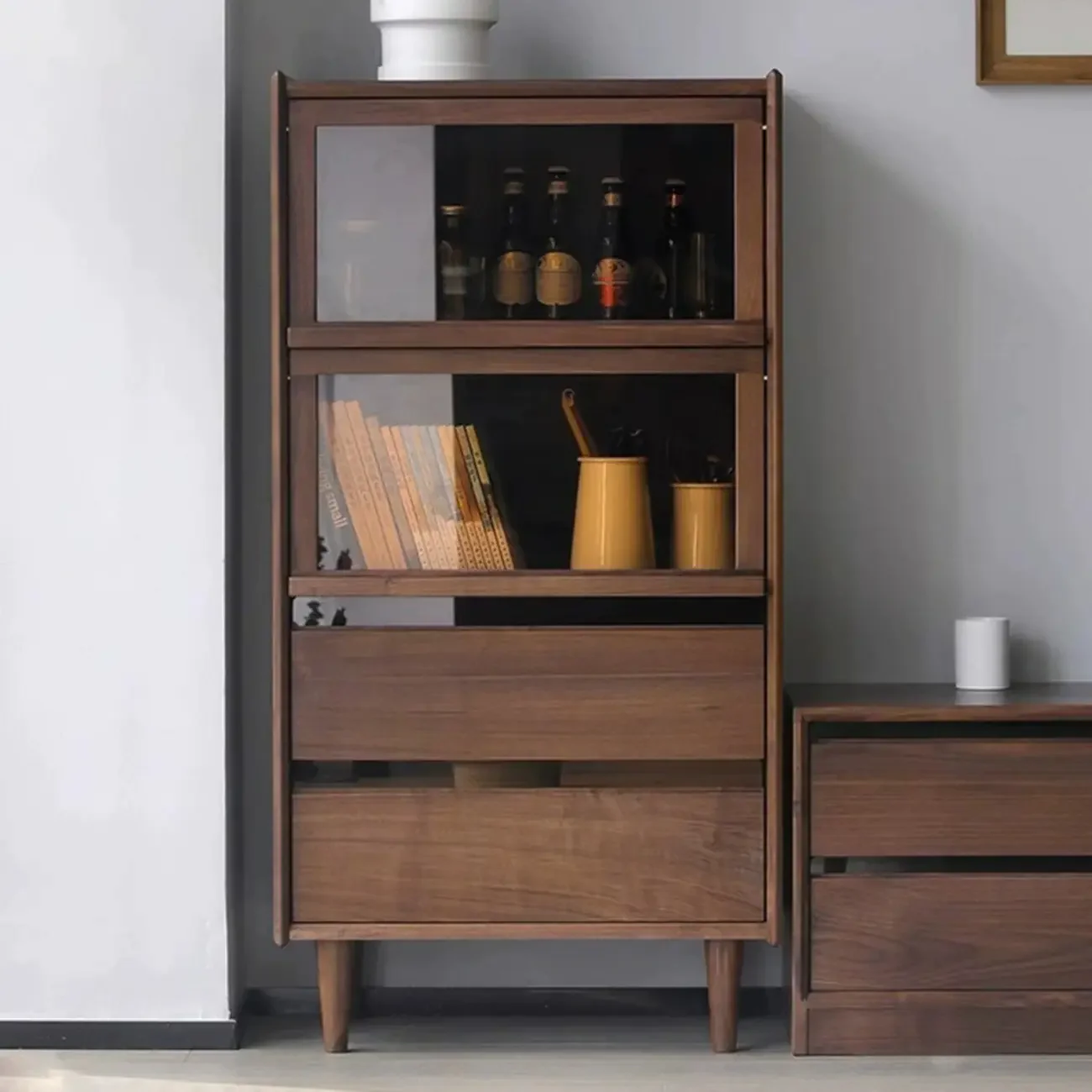 Rustic Brown Wood Flip-Up Glass Storage Cabinet with Drawers