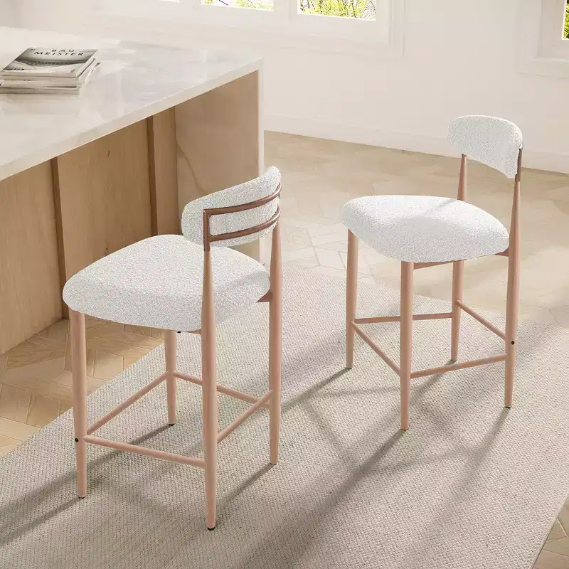 Boucle Dining Armless Barstools Set of 2,with Wood Grain Metal Legs for Kitchen, Living Room, Restaurant, Cafe - Morden Fort