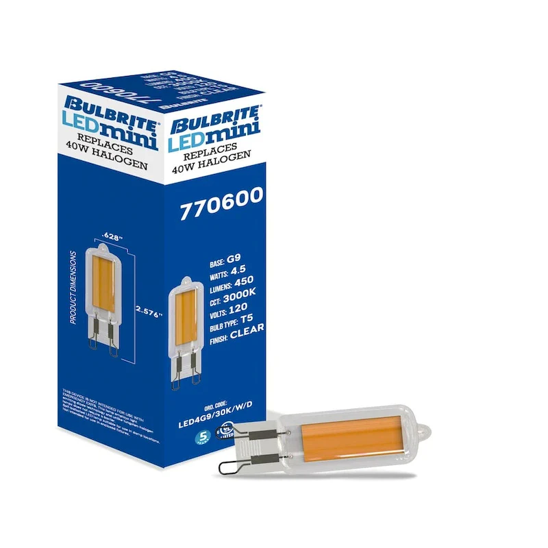 Bulbrite LED Filament Pack of (4) 4.5 Watt Mini T5 Light Bulbs with Clear Finish and Bi-Pin (G9) Base - Soft White Light