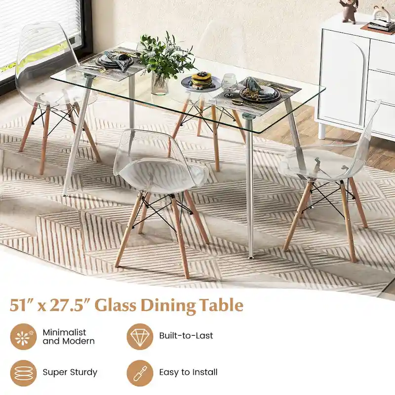 Gymax Modern Glass Dining Table Rectangular Dining Room Table W/Metal