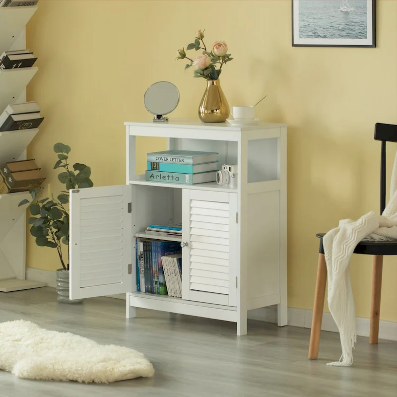 Freestanding Bathroom Storage Cabinet with Shutter Doors & Open Shelves – White Wood Finish, Modern Style
