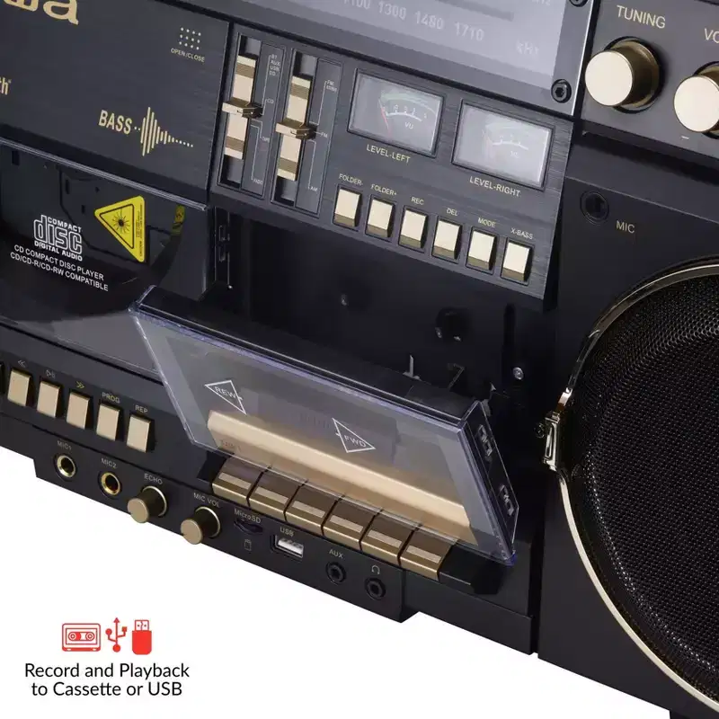 aiwa Retro Boombox CD Player with Cassette Recording, Bluetooth 5.0, VU Meters, LCD Display, Dual 40W Speakers