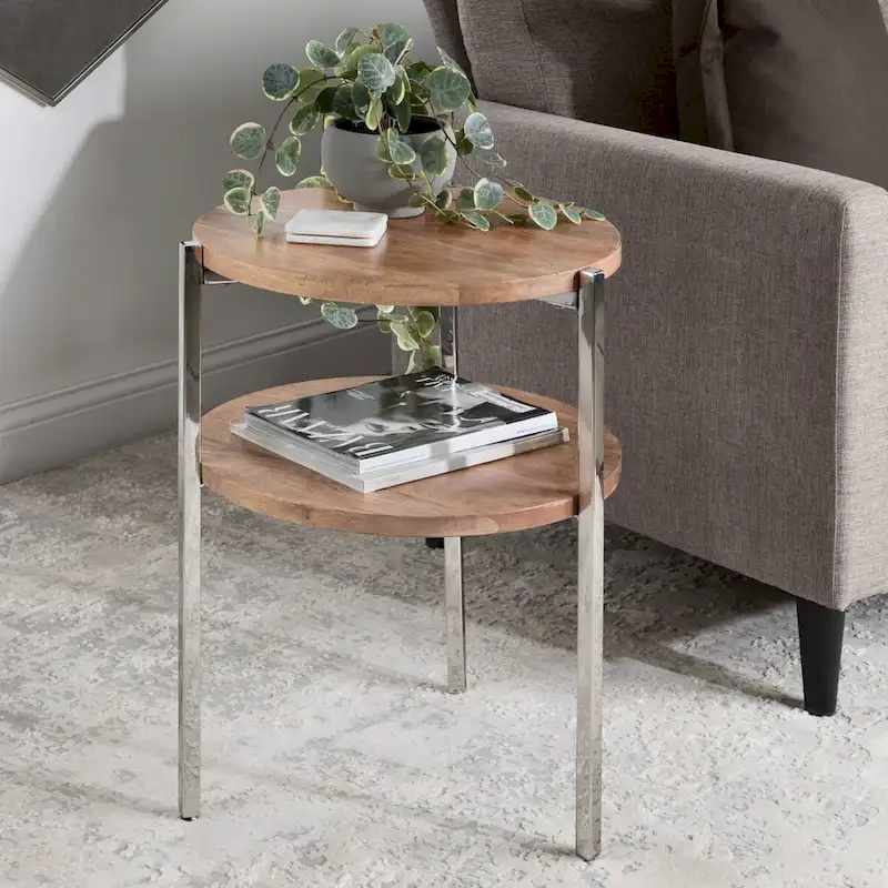 Natural & Silver 2-Tier Round Side Table with Solid Mango Wood Tops & Stainless Steel Legs, Boho Style, 1-Person