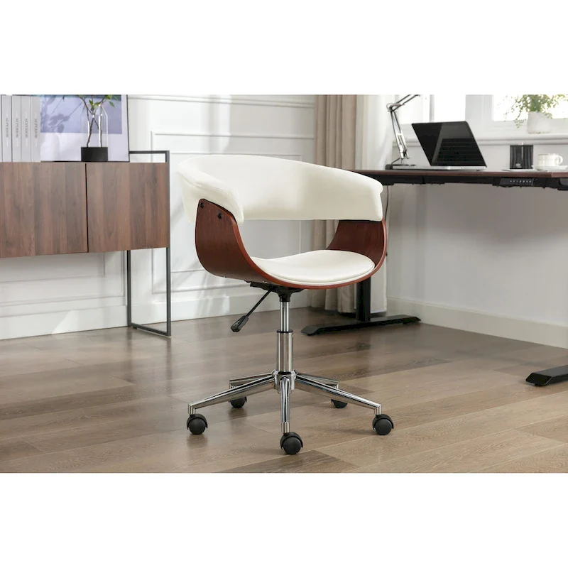 Faux Leather Office Chair with Chrome Base and Curved Wood Seat