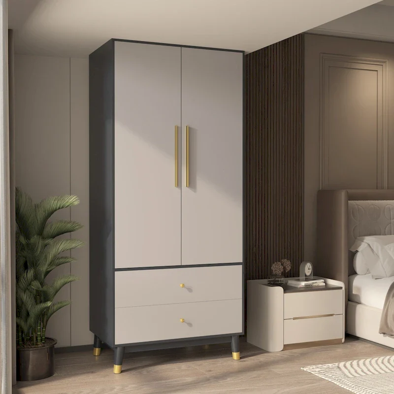 Grey/Brown/White Wardrobe with 2 Drawers & Hanging Rod, 1-Person