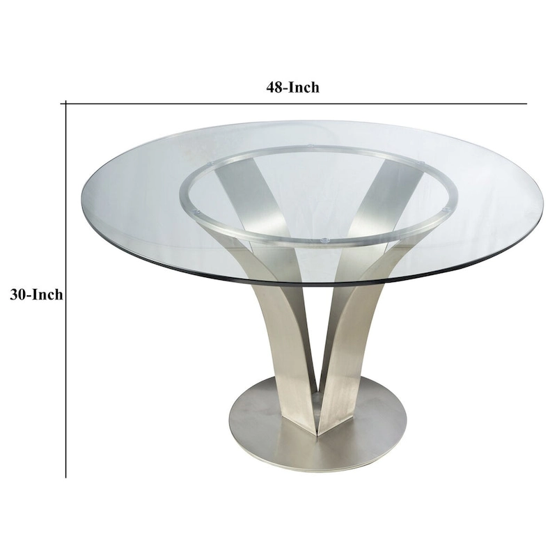 48 Inch Dining Table with Round Glass Top and Metal Base, Chrome