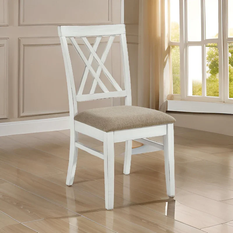 Hyna 19 Inch Side Dining Chairs Set of 2, X Cross Back, Khaki Seat, Farmhouse White