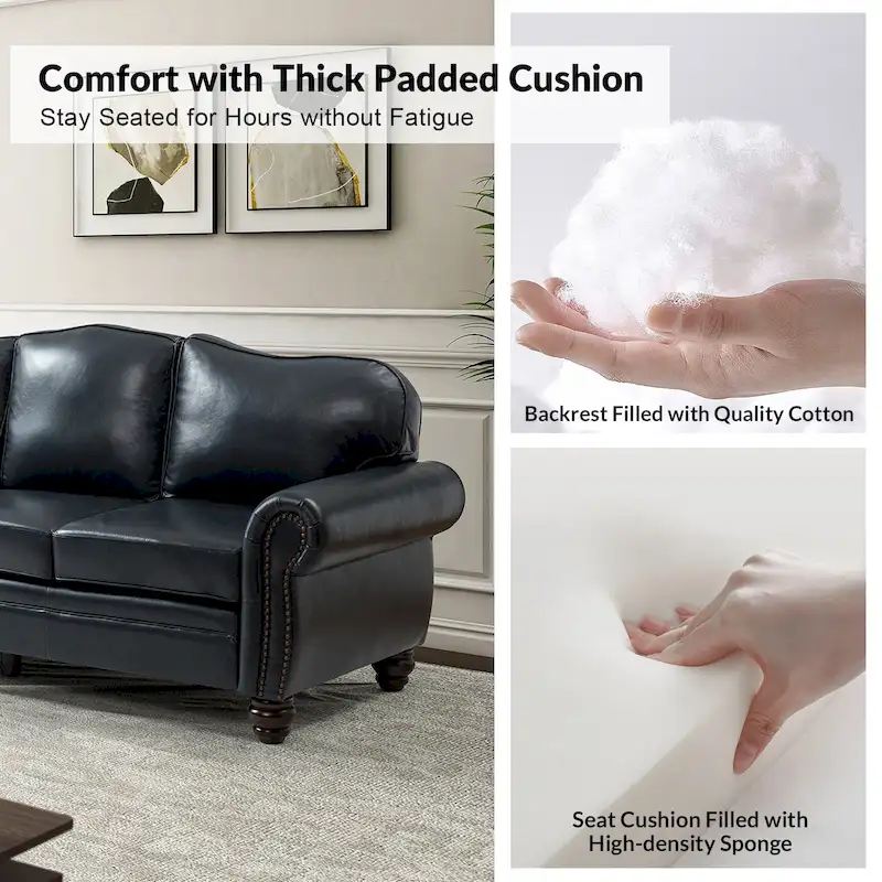 Balvino 81 Wide Transitional Genuine Leather Rolled Arm Sofa with Nailhead Trim and Removable Cushions