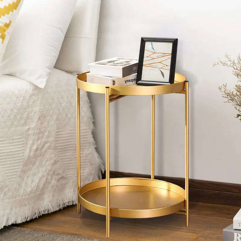 Adeco Side Table 2-Tier Metal Round End Table with Removable Tray - 17.5